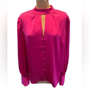 Bar III Pink Satin Keyhole High Neck Long Sleeve Blouse Volume Sleeve Size Large